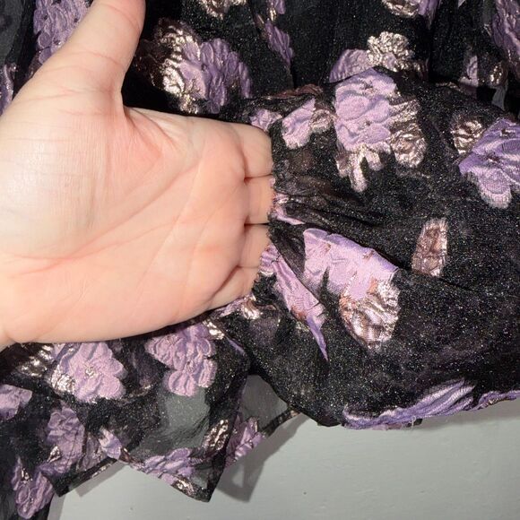 ASOS Black Metallic Purple Floral Organza Puff Sleeve Peplum Top Size 2 - Picture 4 of 9
